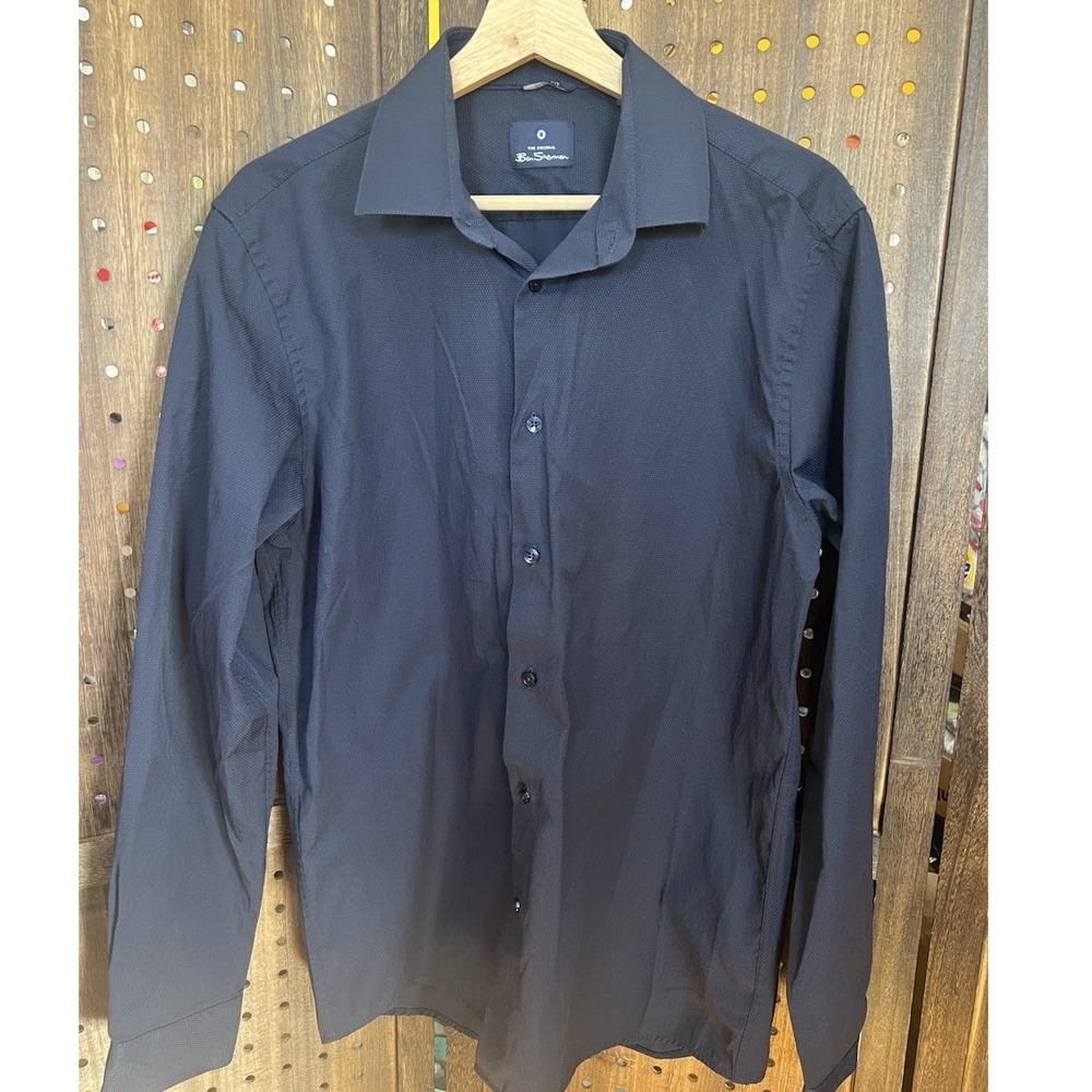 Ben Sherman Shirt Mens L 16 34/35 Navy Blue Textured Button Up Long Sleeve